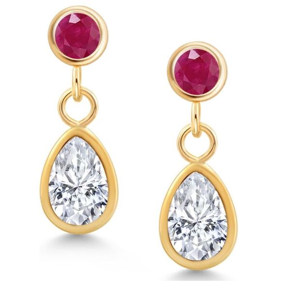 14K Yellow Gold with 1.11 Cttw White Moissanite and Ruby Post Back Drop Earrings